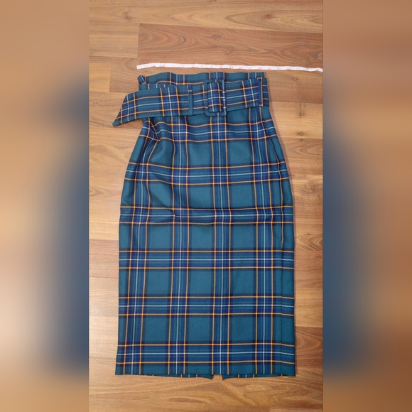 Zara Skirt Midi Boho Classic Plaid Size M Blue/Orange Academia Twee Back Slit - Picture 1 of 3